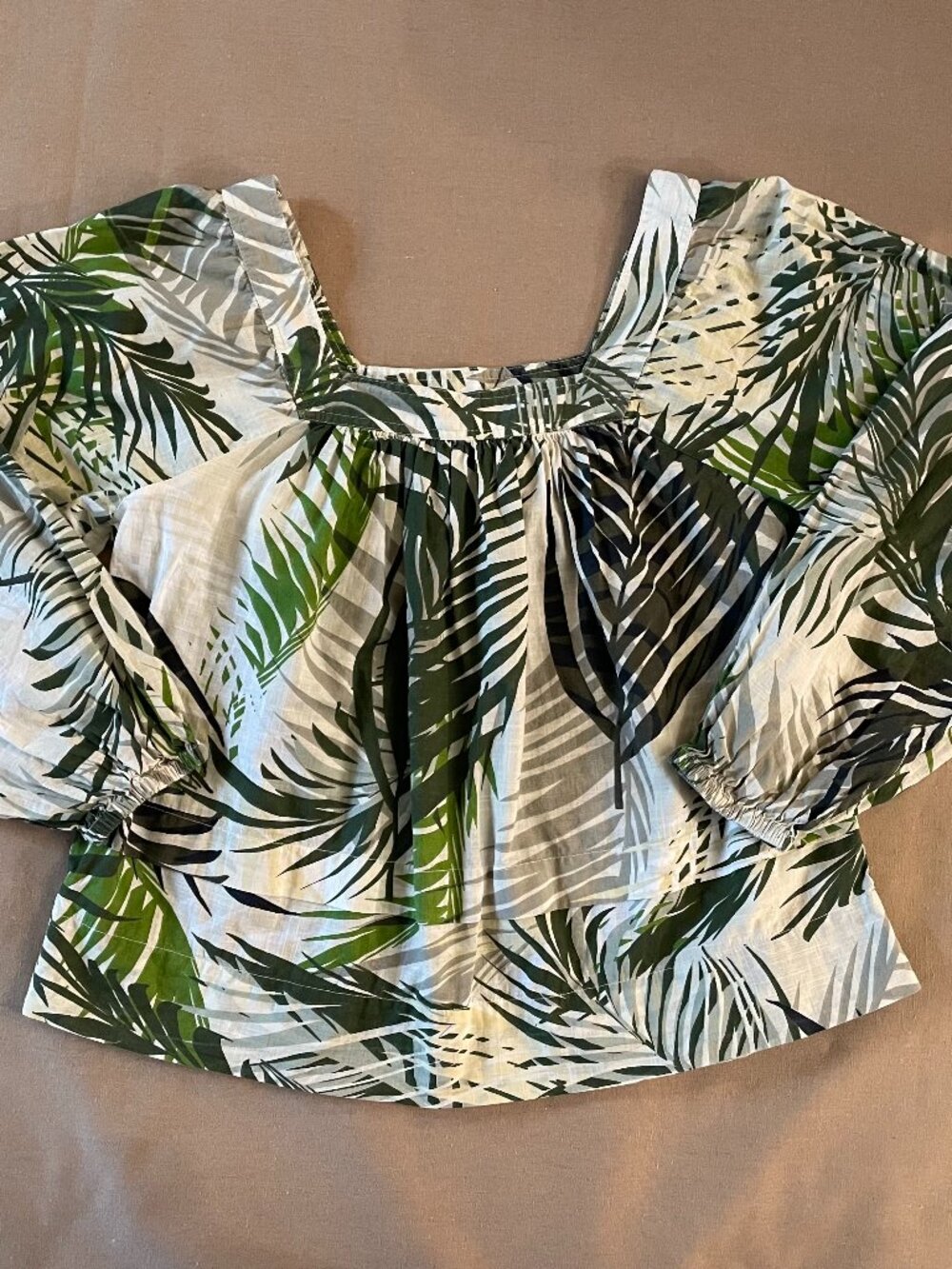 Elie Tahari Peasant Blouse Size S/P Green Tropical Palm Cotton Beach Resort BOHO